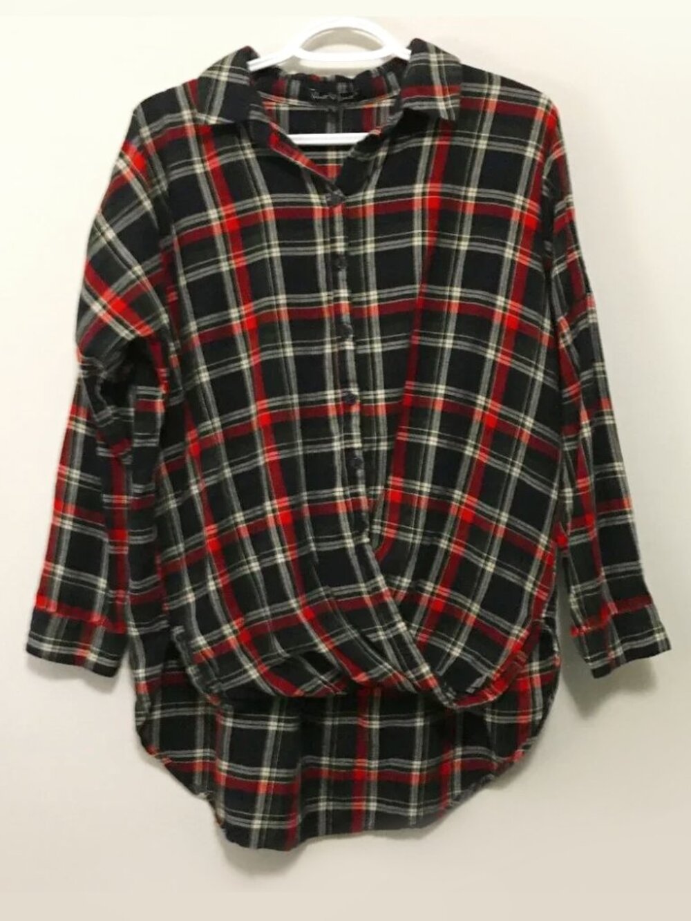 VELVET HEART Nordstrom Front Twist High Low Red Navy White Plaid Shirt M Indie